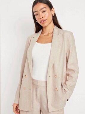 Old Navy Women's Light Beige Double-Breasted Linen Blend Blazer